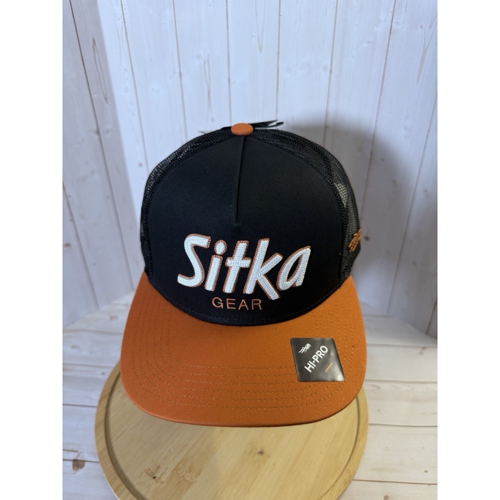 Sitka Gear 90s Script Hi Pro Trucker Hat Black Orange Snapback Cap NEW